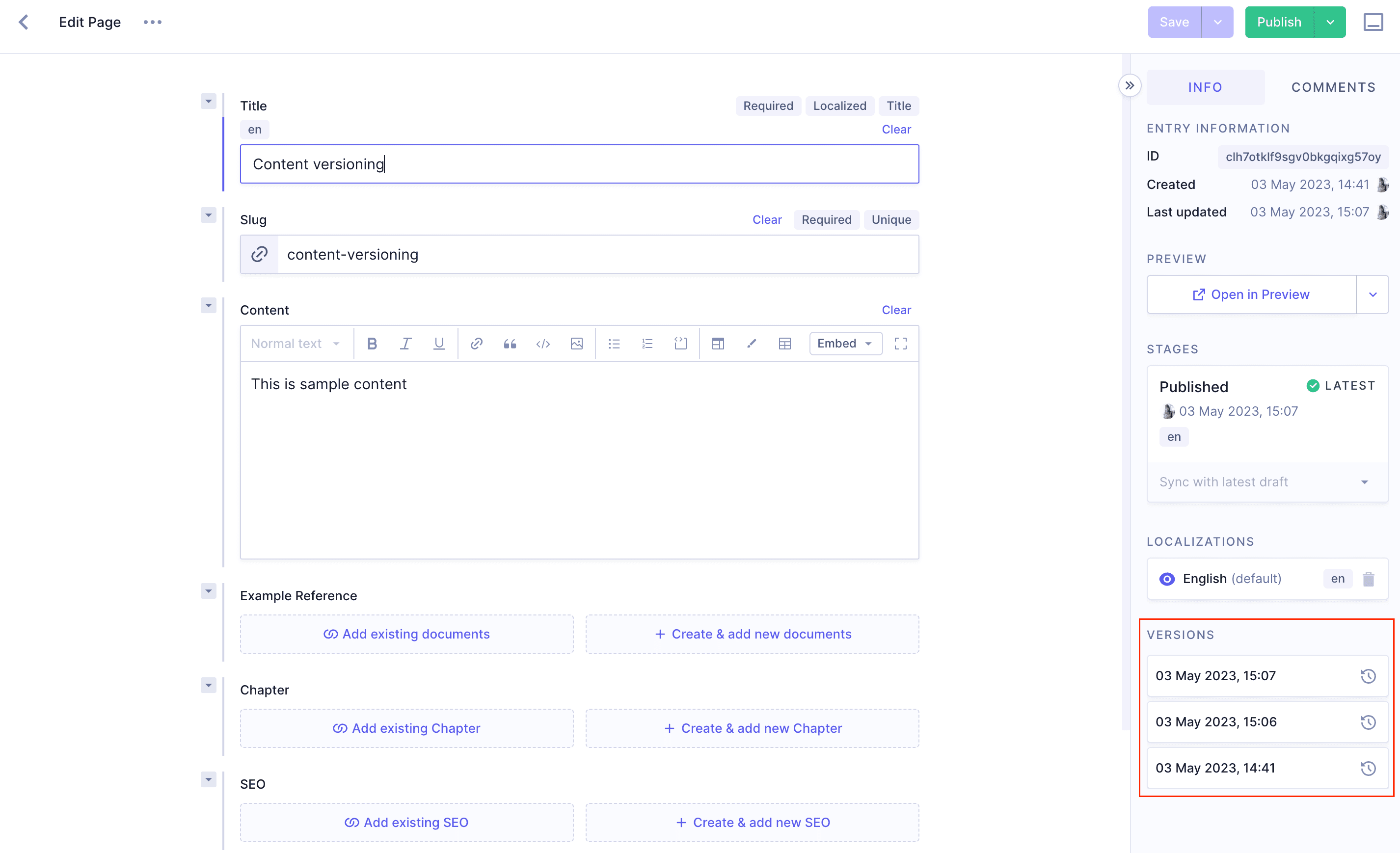 Content versions in sidebar