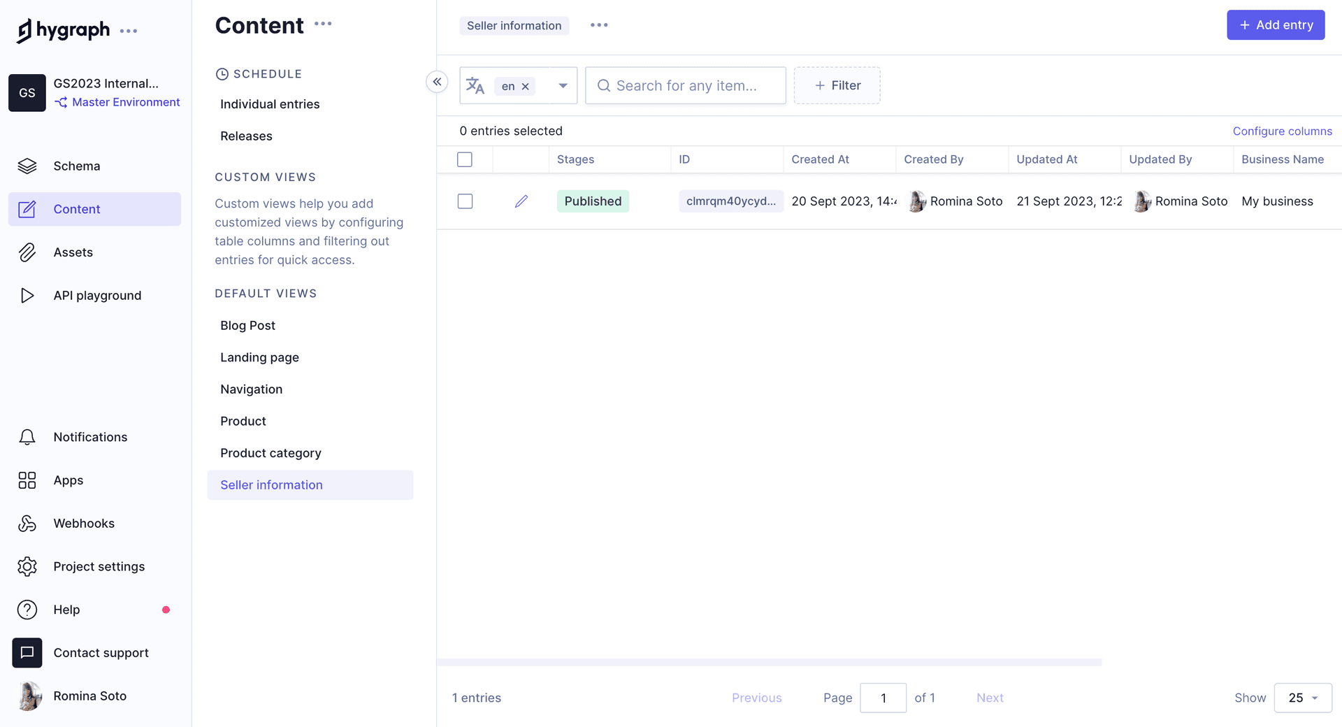 Seller information content editor view with entry