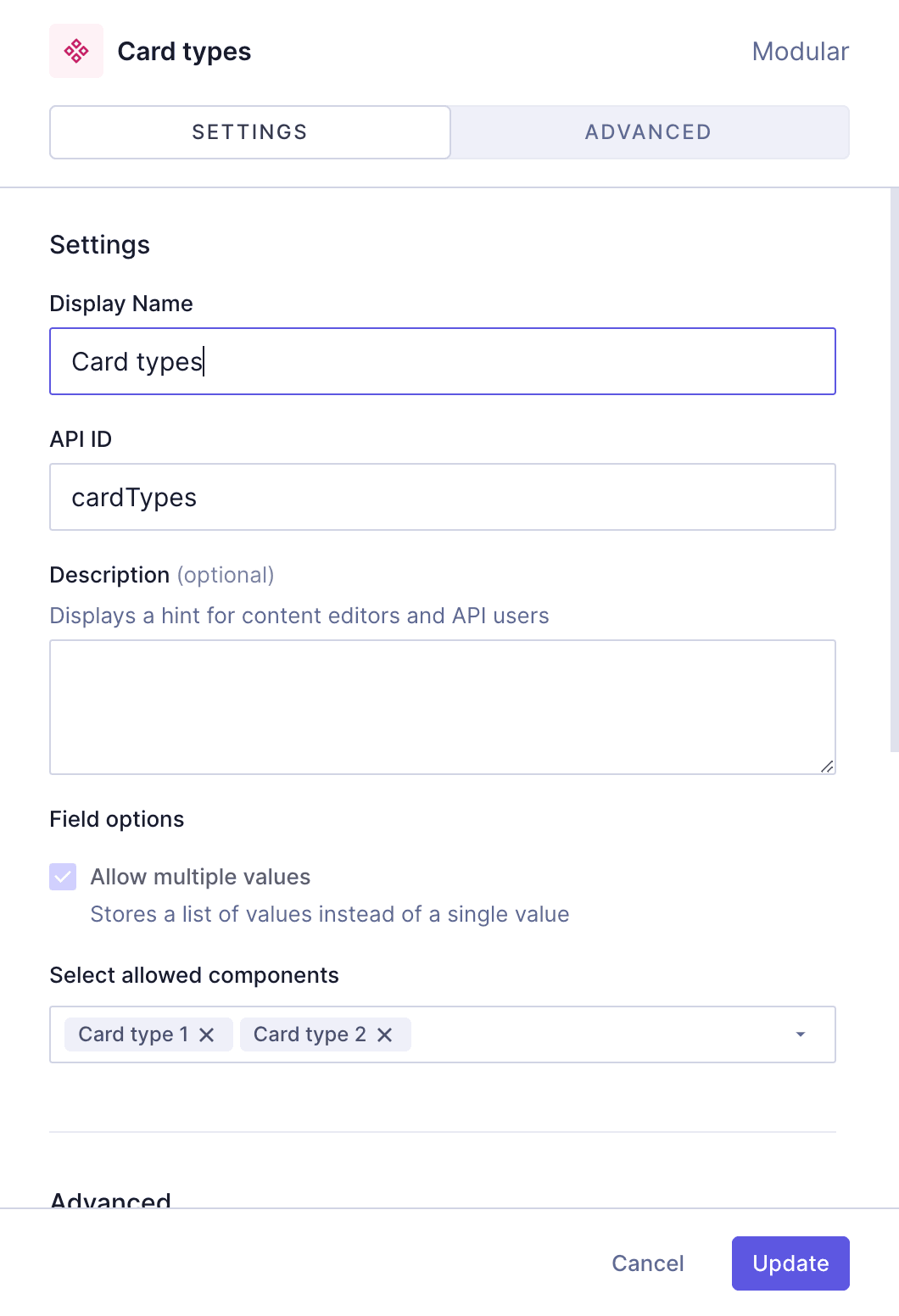 Card grid component - Card type selector