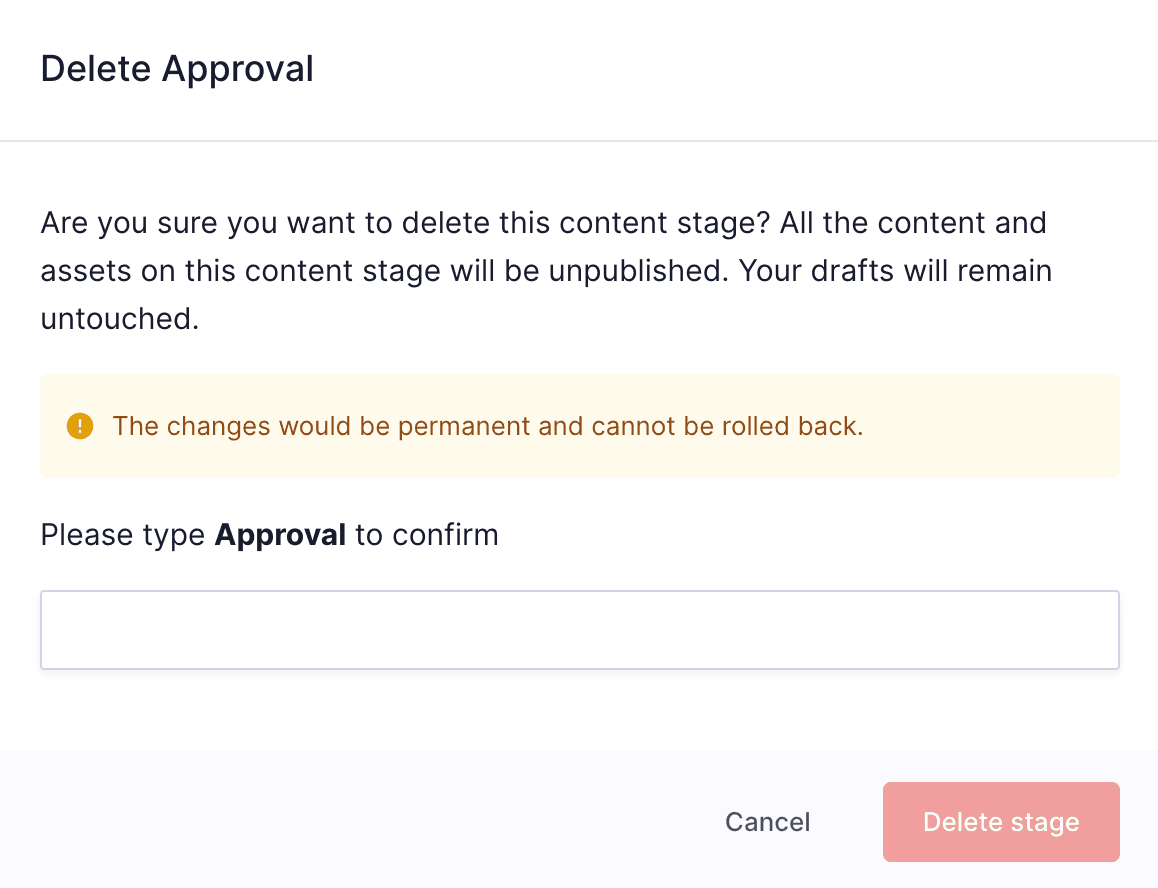 Delete stage - confirmation screen