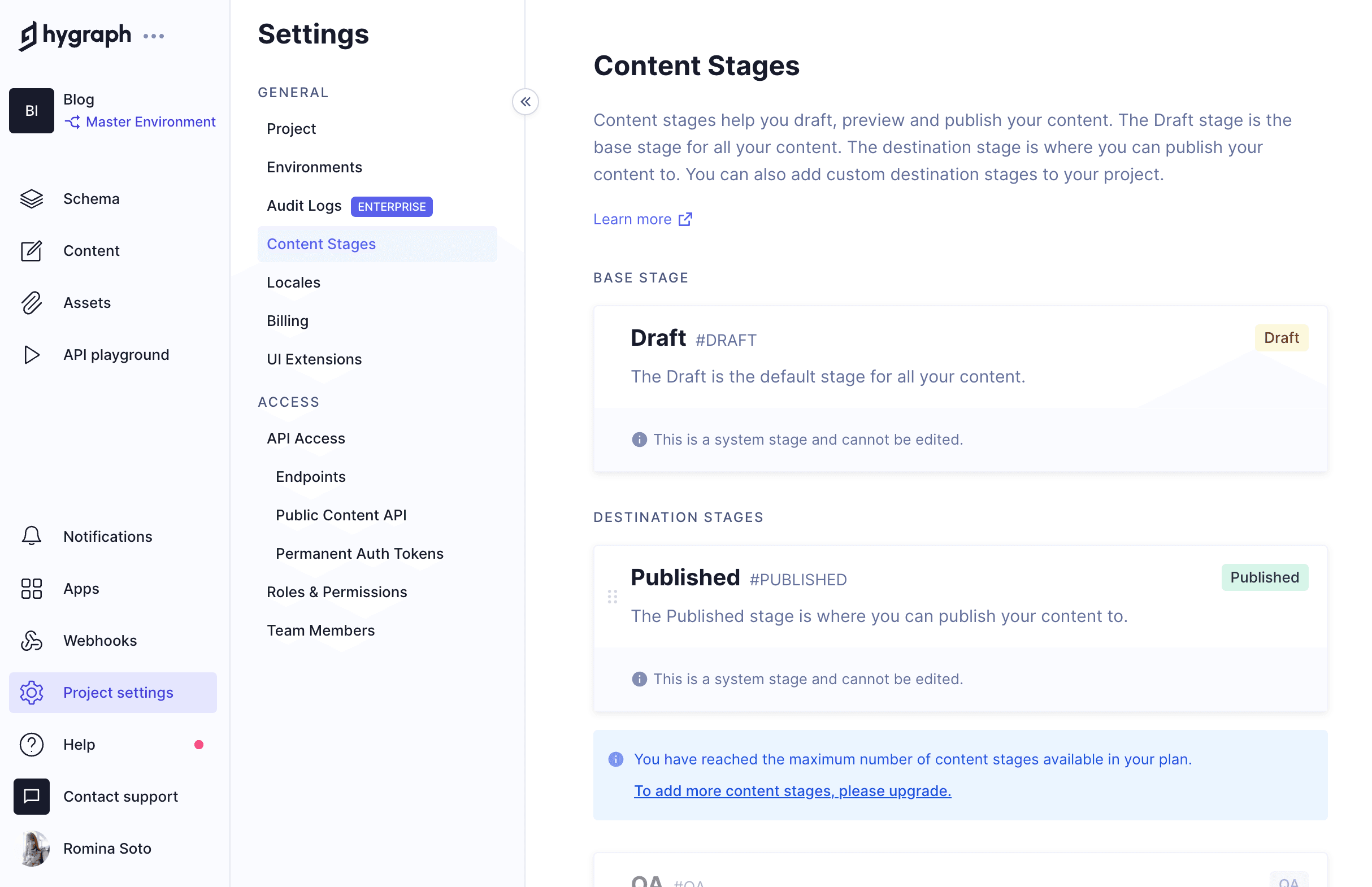 Content Stages Project Settings