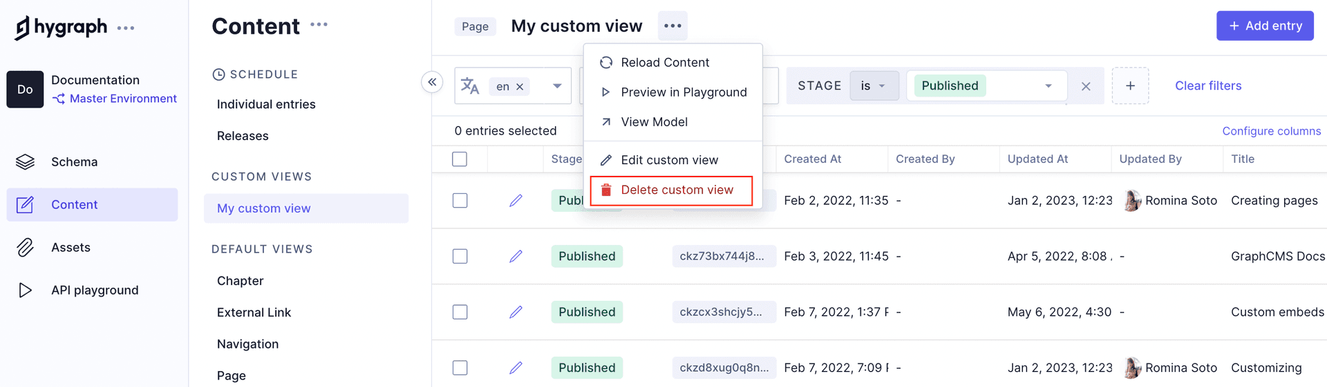 Delete custom view