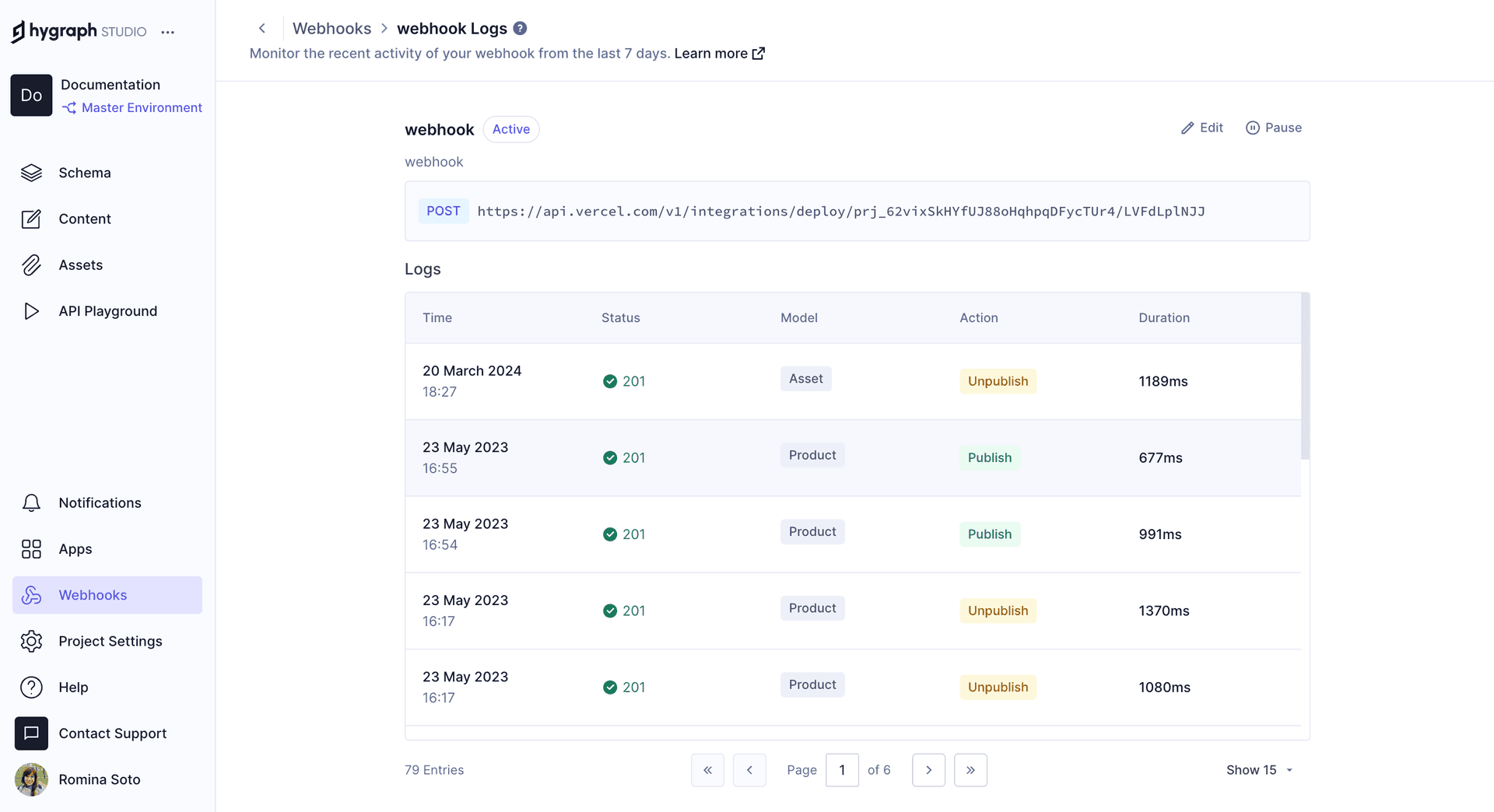 Hygraph webhook logs overview