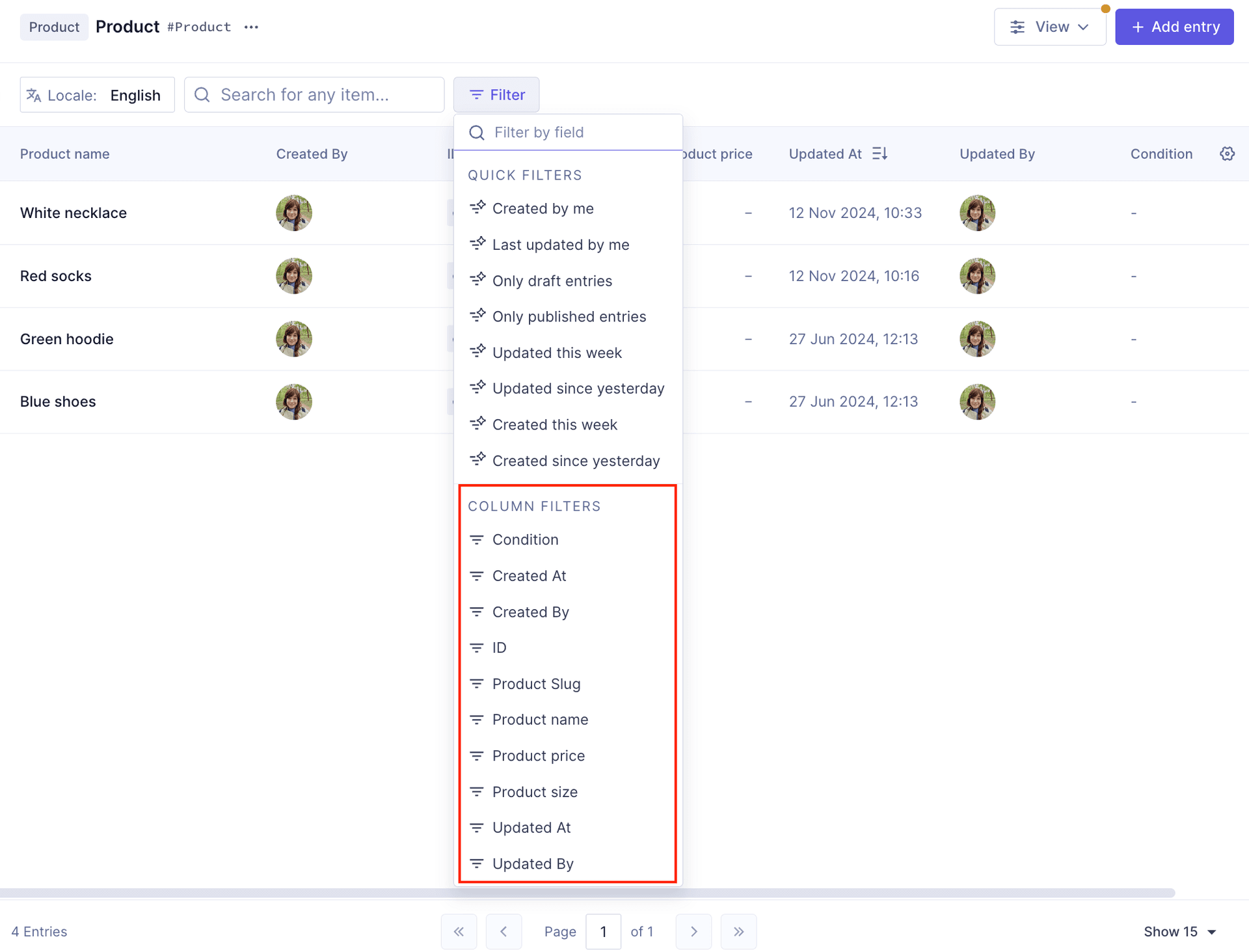 Filters example: The Content Editor