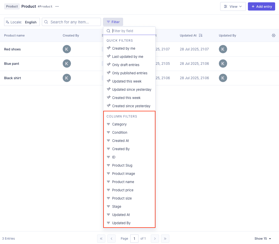 Filters example: The Content Editor