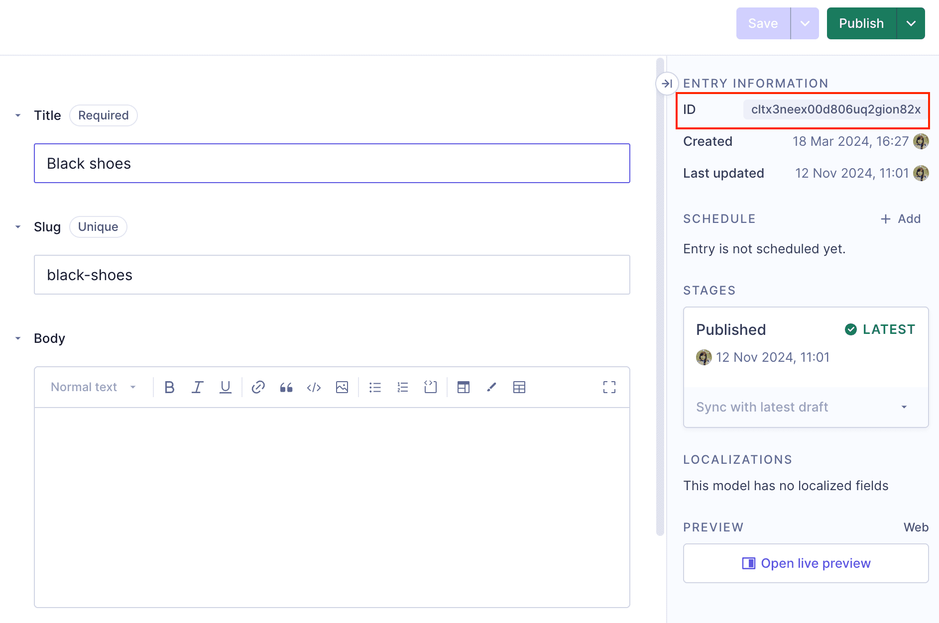 Content entry ID
