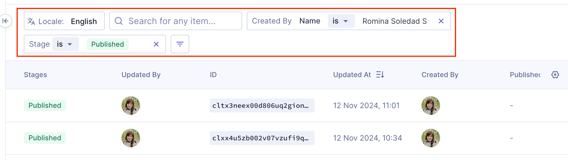 Quick Filter applied