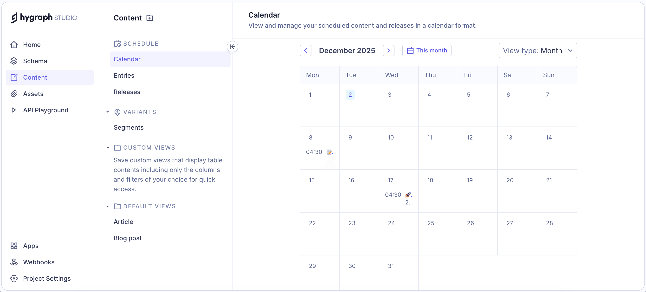 Scheduled publishing calendar view