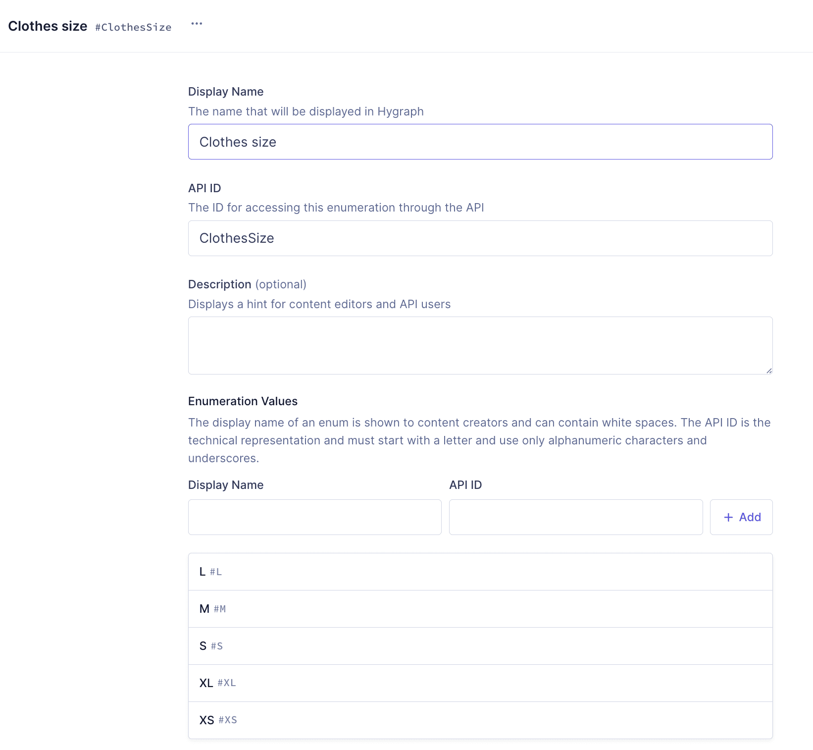 Clothes size enumeration