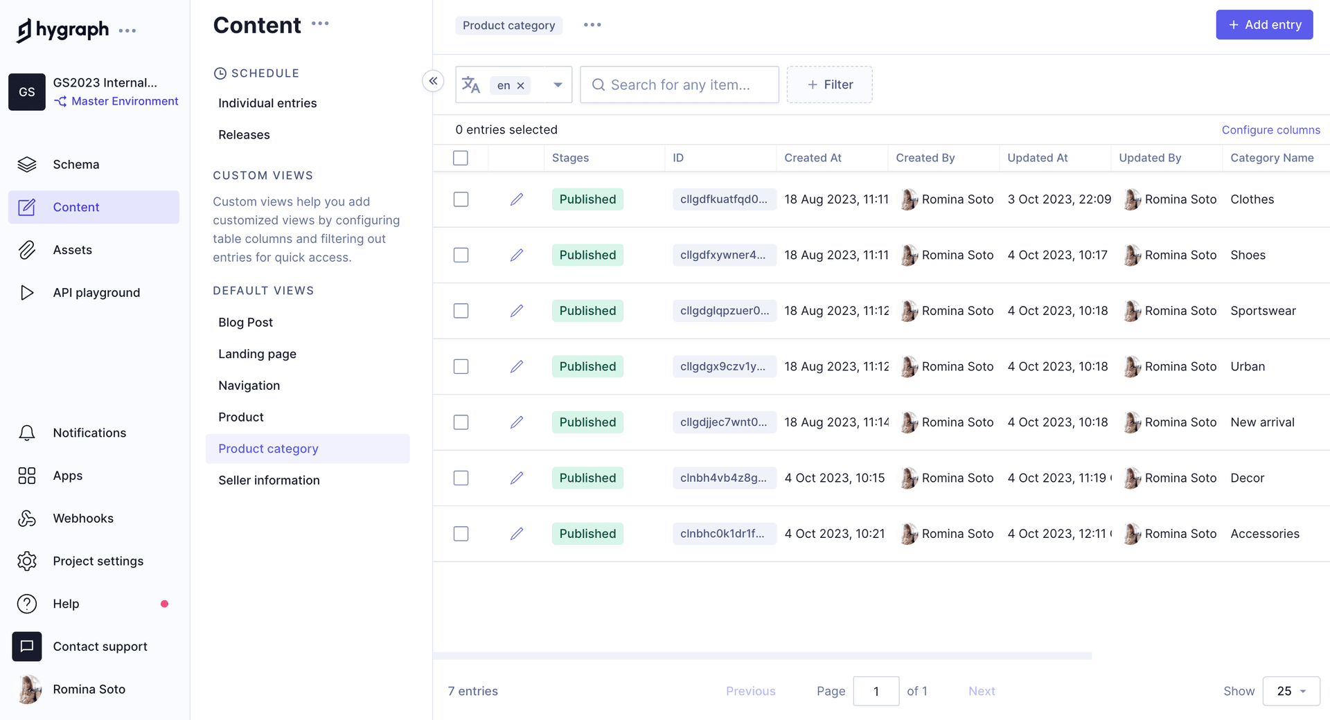 Product categories in the content editor - with entries