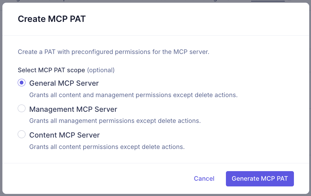 MCP server PAT - Scope and permissions options