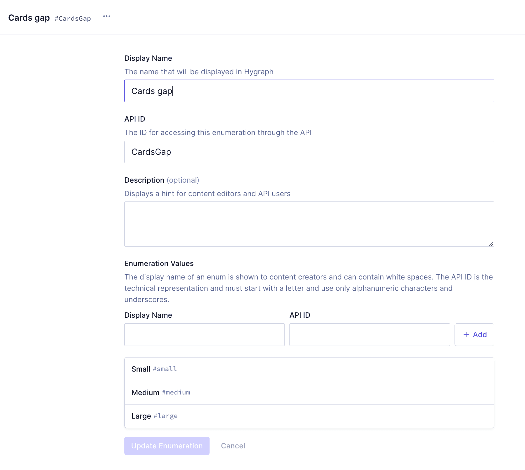 Cards gap enumeration values