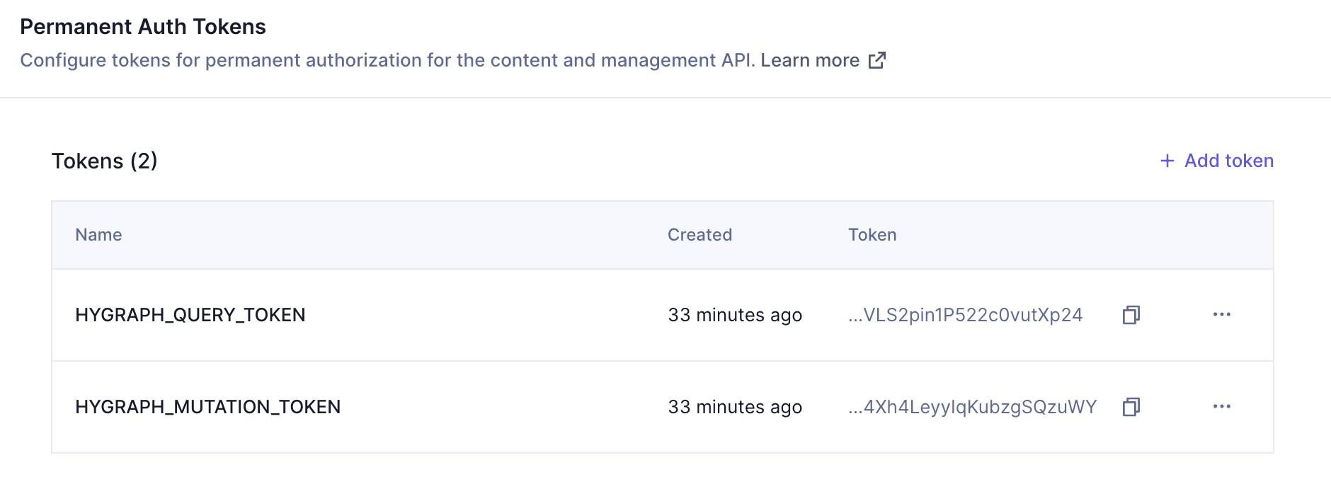Permanent Auth Tokens list