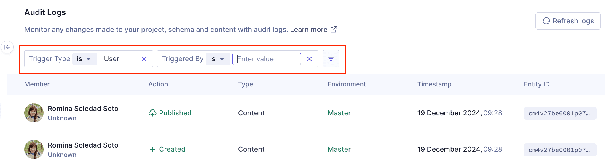 Search for logs of a team member
