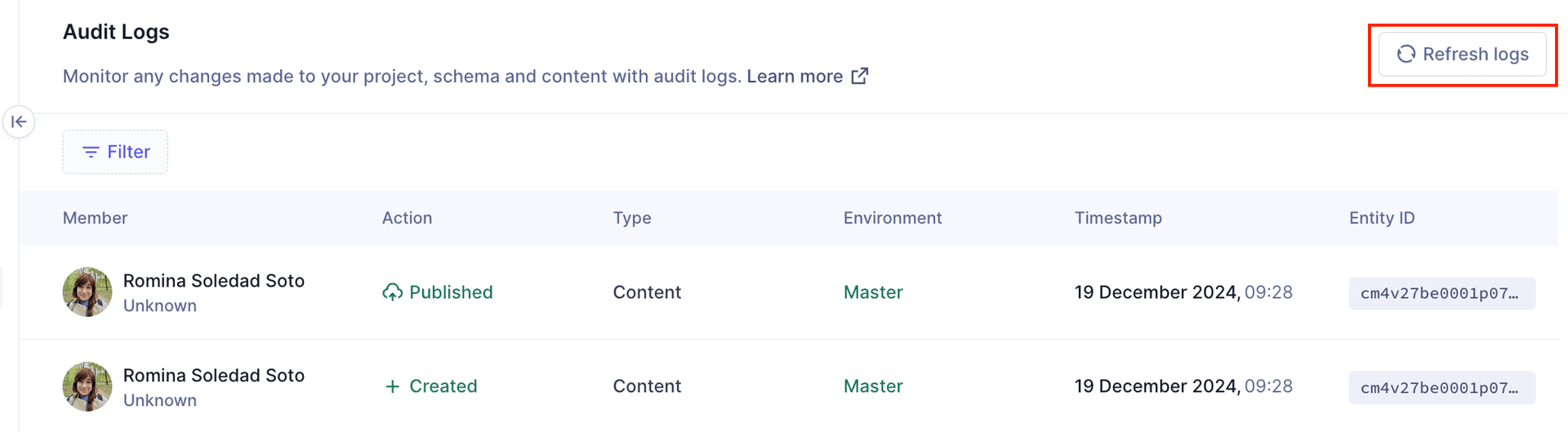 Reload audit logs