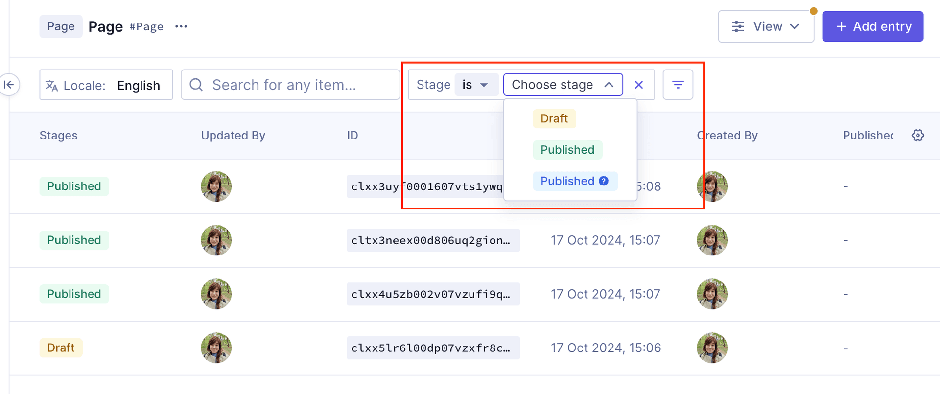 Filtering by content stage