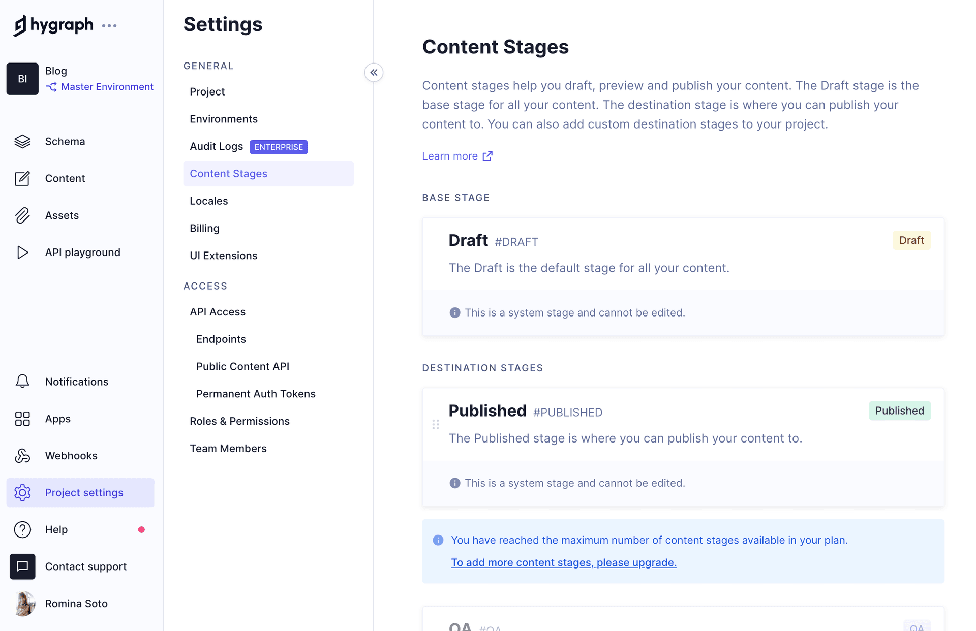 Content Stages Project Settings