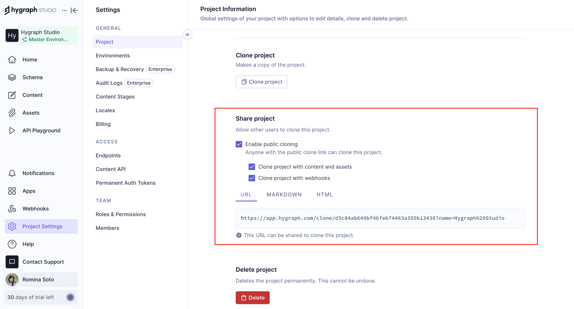 Project settings - Public cloning