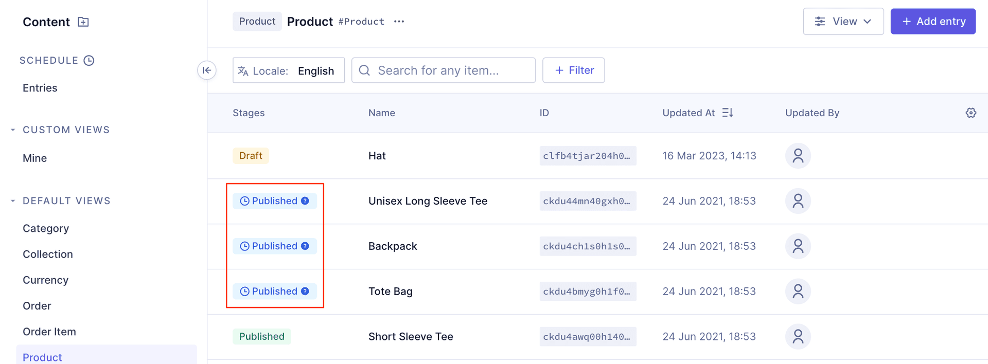 Scheduled entries in the content table