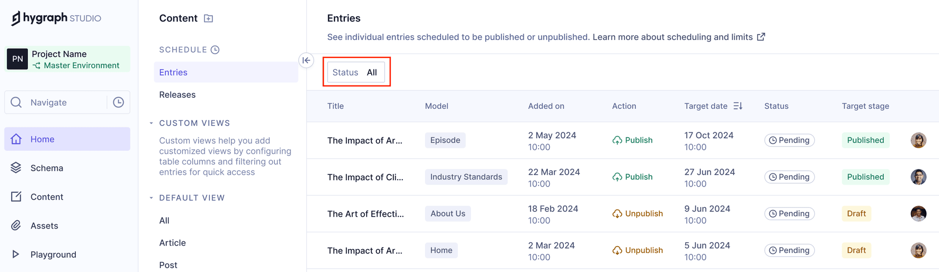 Scheduled entries - Filter by status
