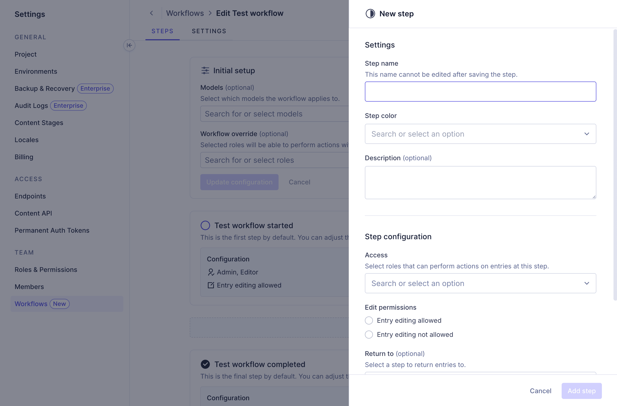 Content workflows step configuration