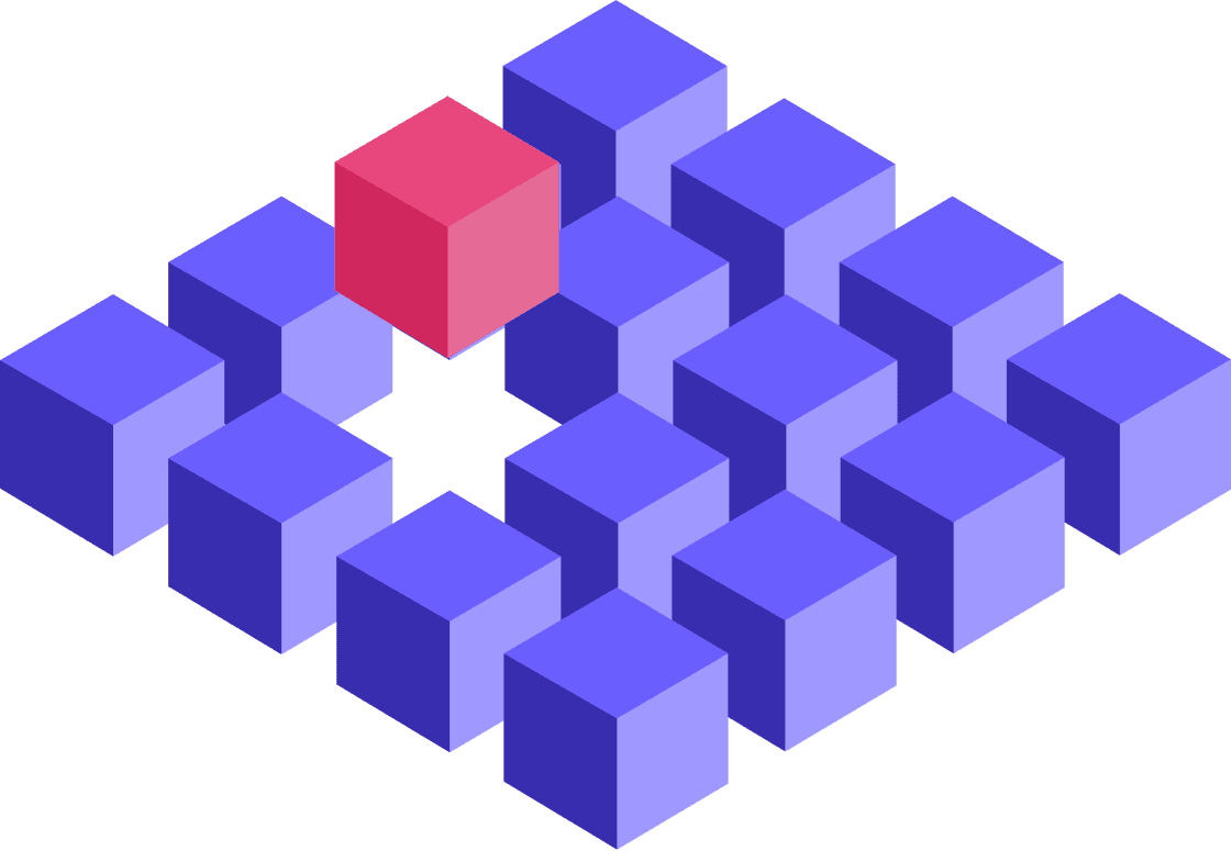 A red cube is elevated inside other blue cubes