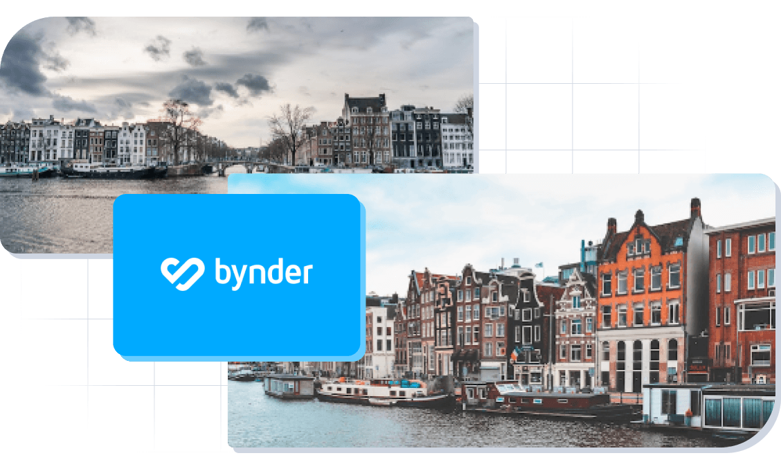 Bynder logo and 2 images of Amsterdam