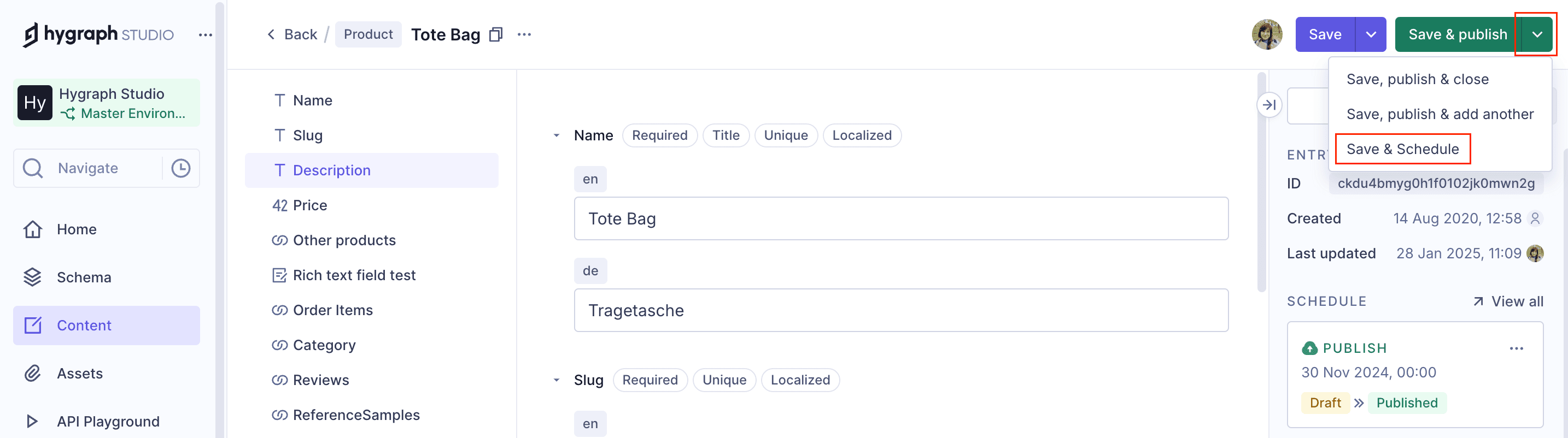 Save & Schedule entry option in the content form
