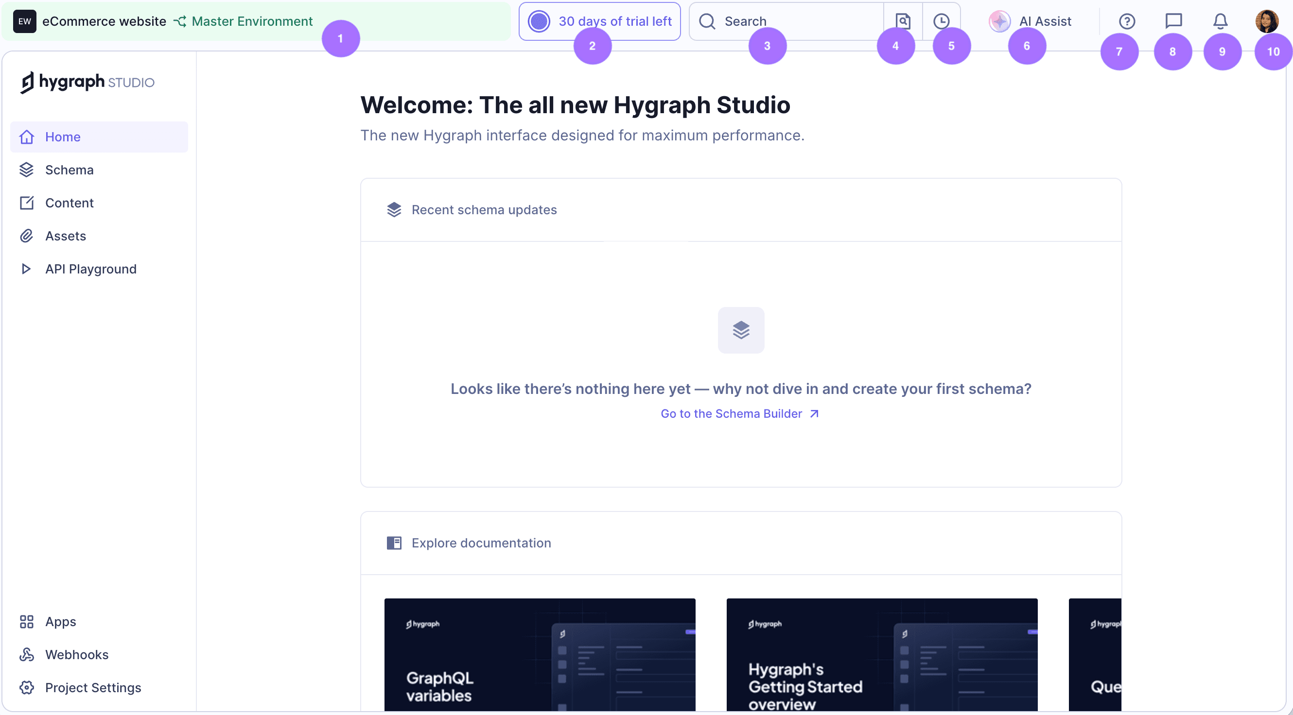 Hygraph Studio - Top bar