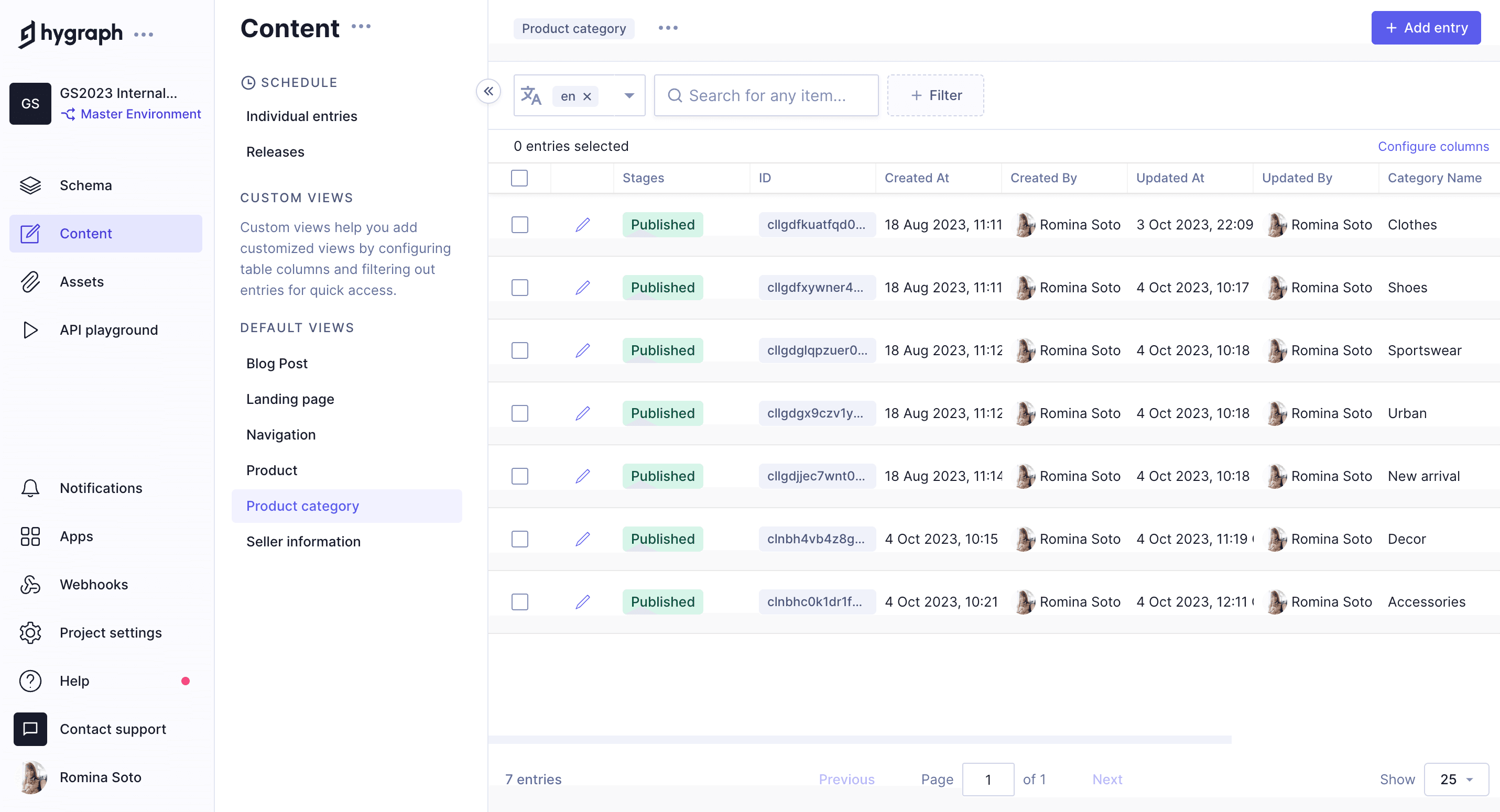 Product categories in the content editor - with entries