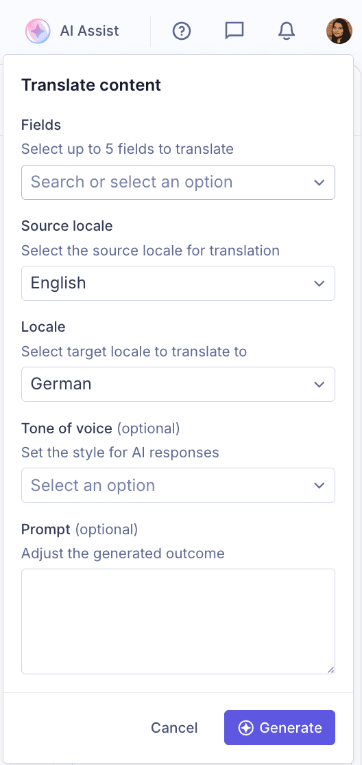 AI Assist - Translate content