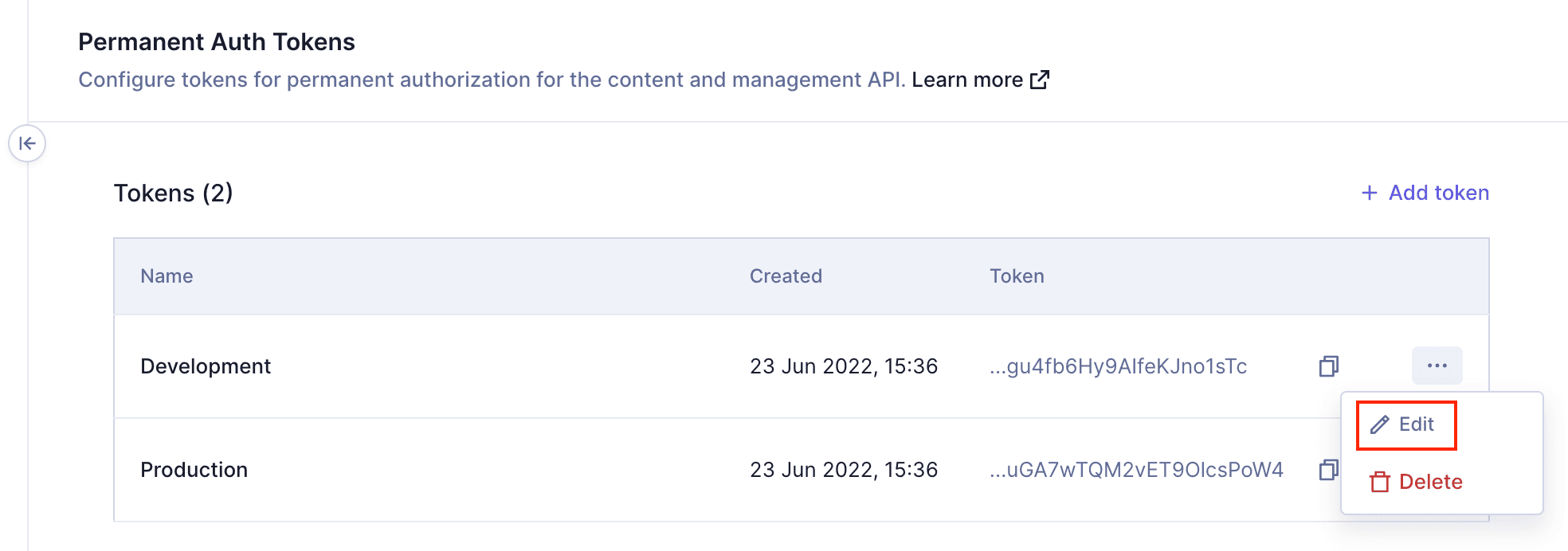 API Access - Edit token