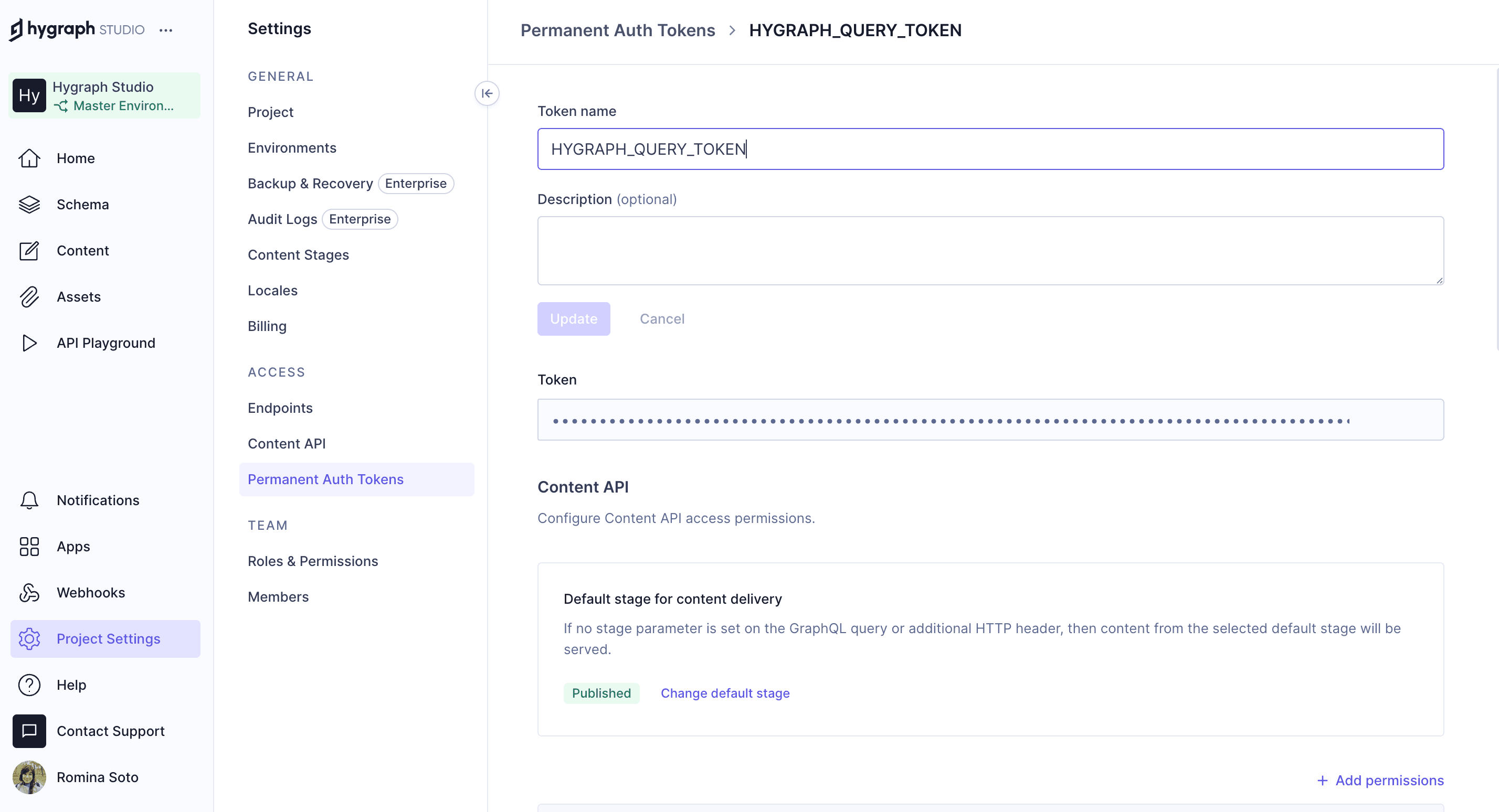 API Access - Token details screen