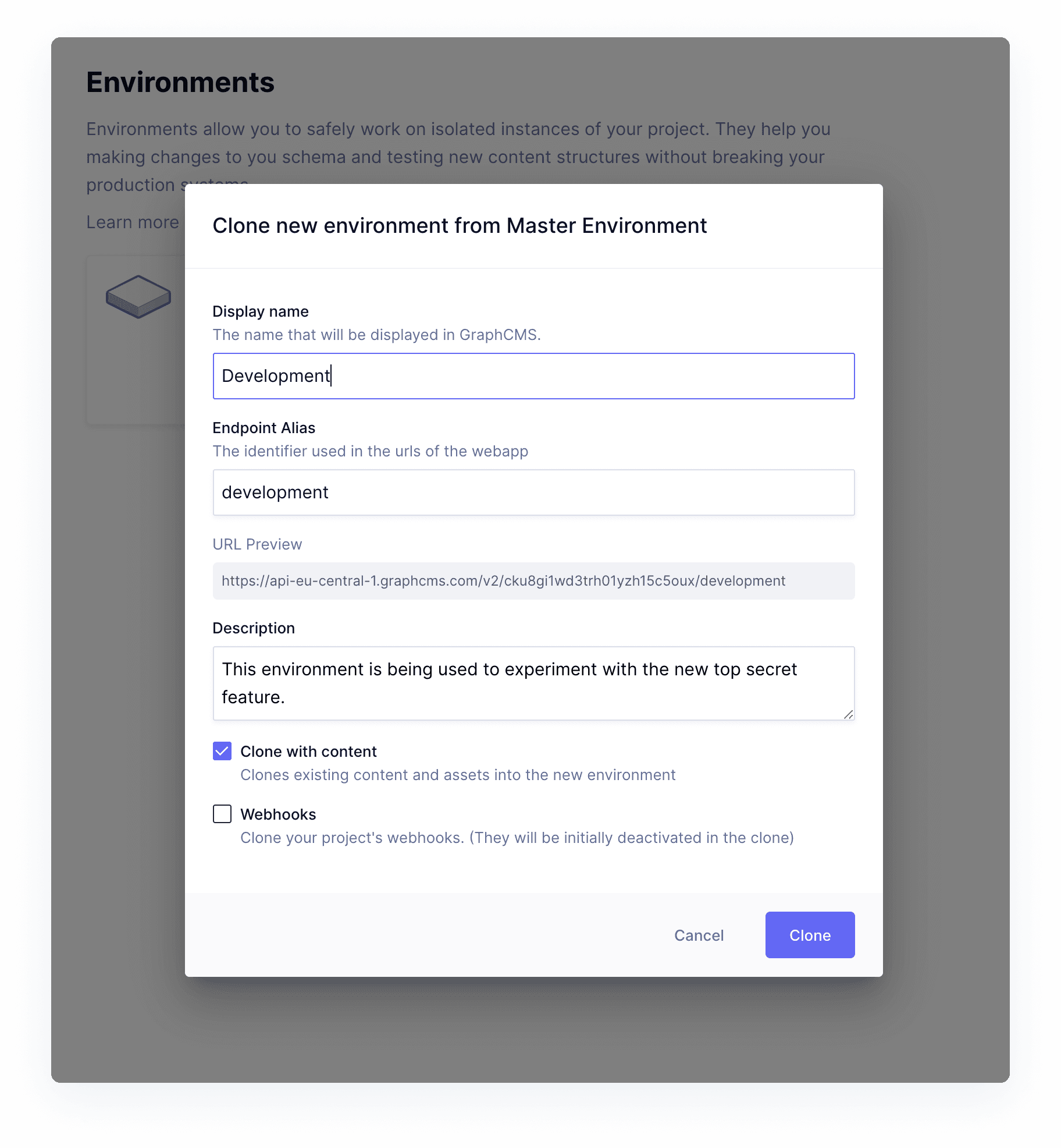 Clone new environment from Master Environment