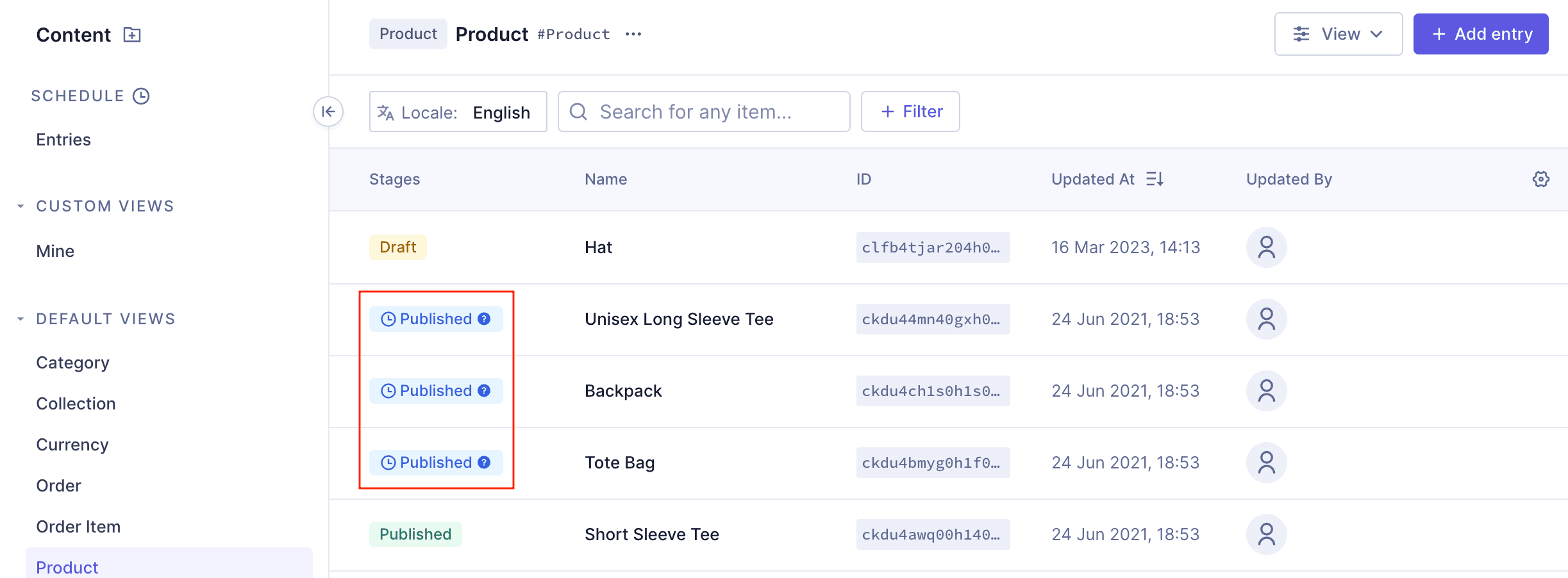 Scheduled entries in the content table