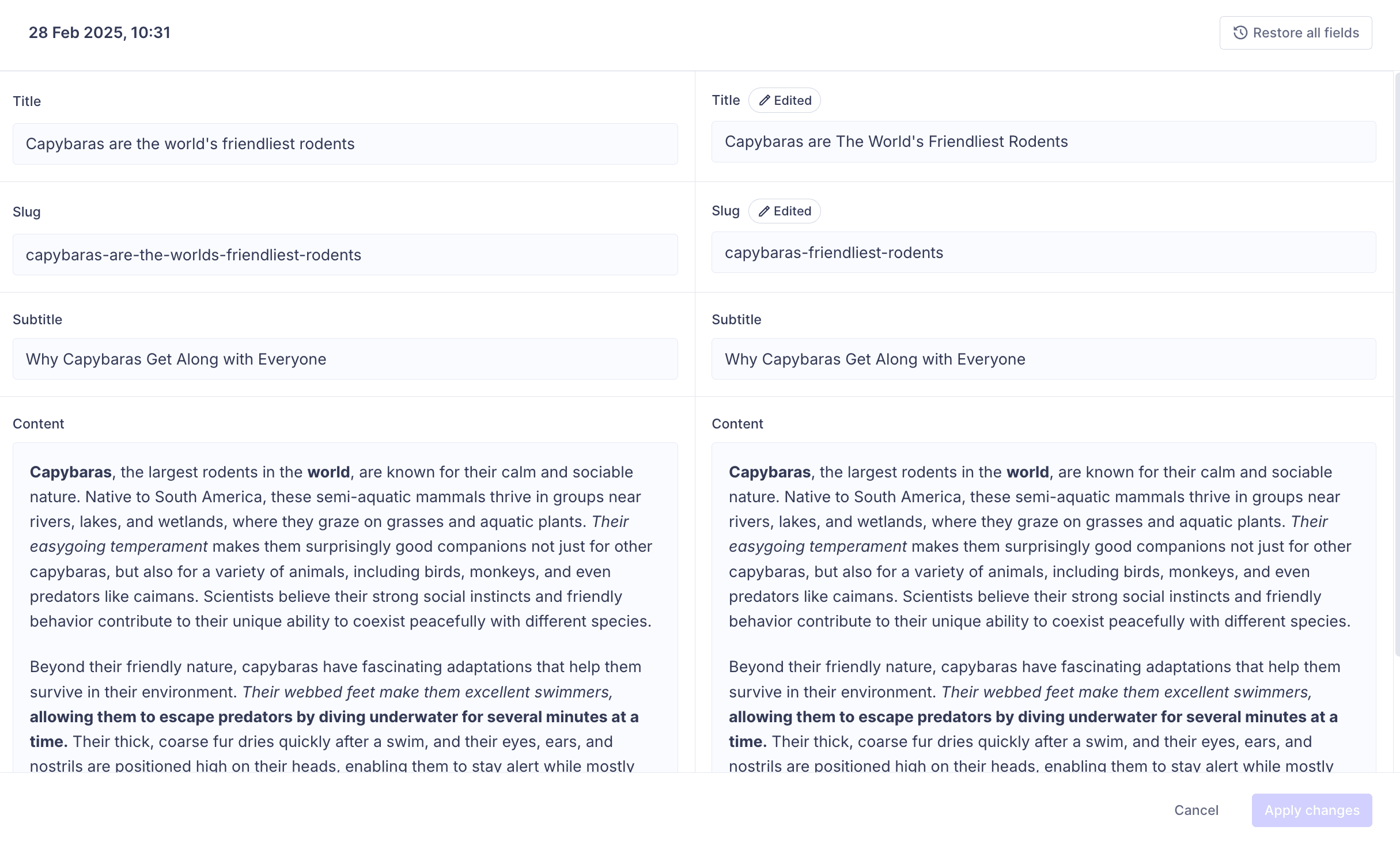Version comparison - Comparison view