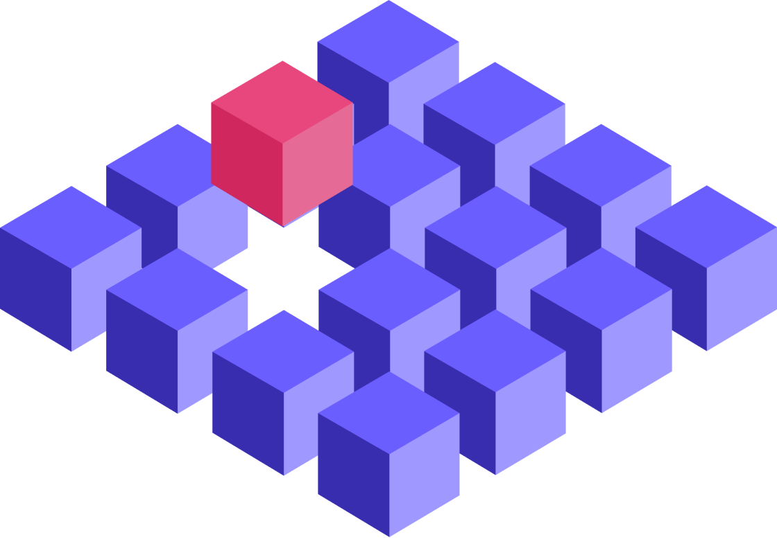 A red cube is elevated inside other blue cubes