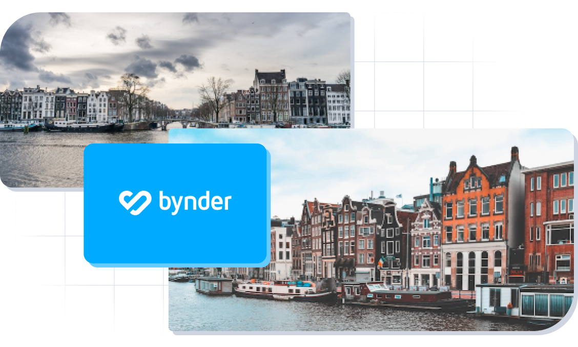 Bynder logo and 2 images of Amsterdam