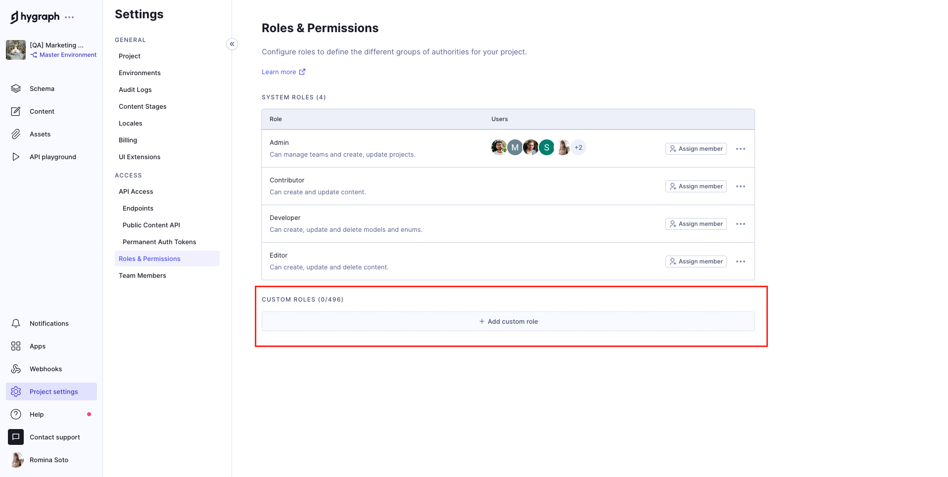 Hygraph - Custom roles