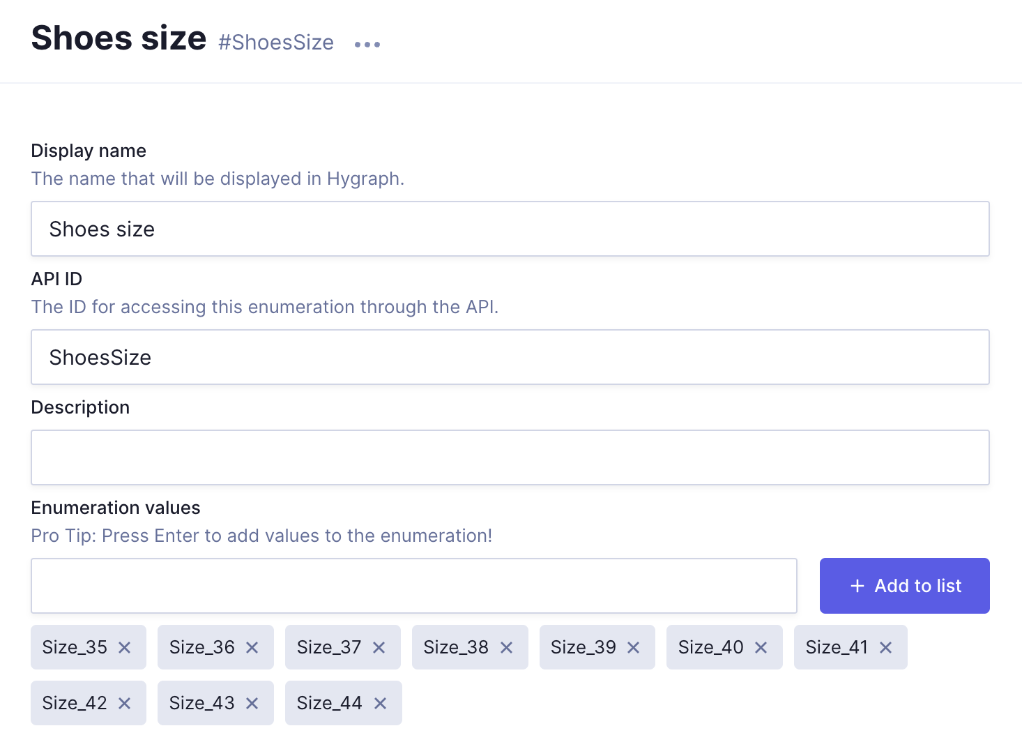 Shoes size enumeration