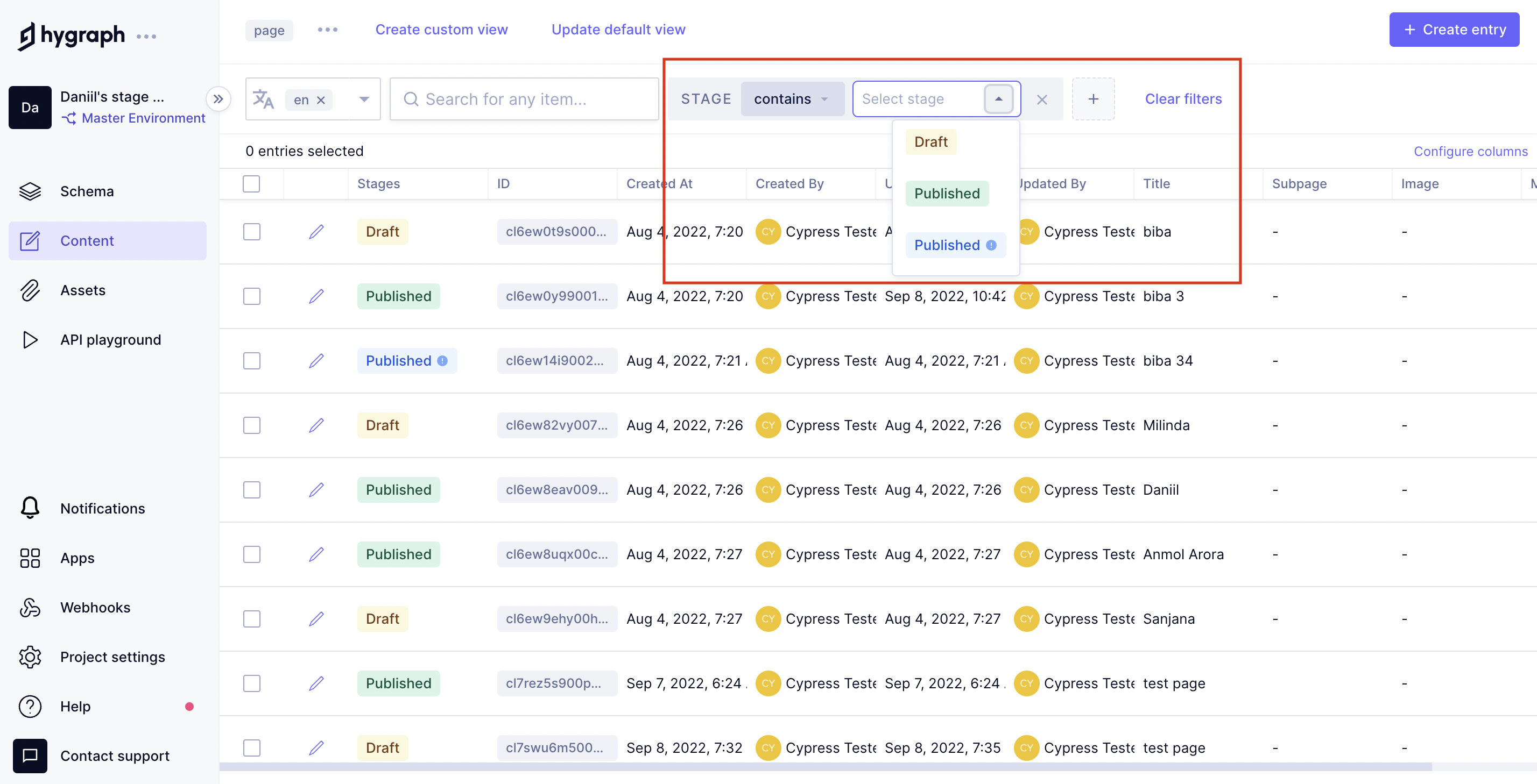 Filtering by content stage