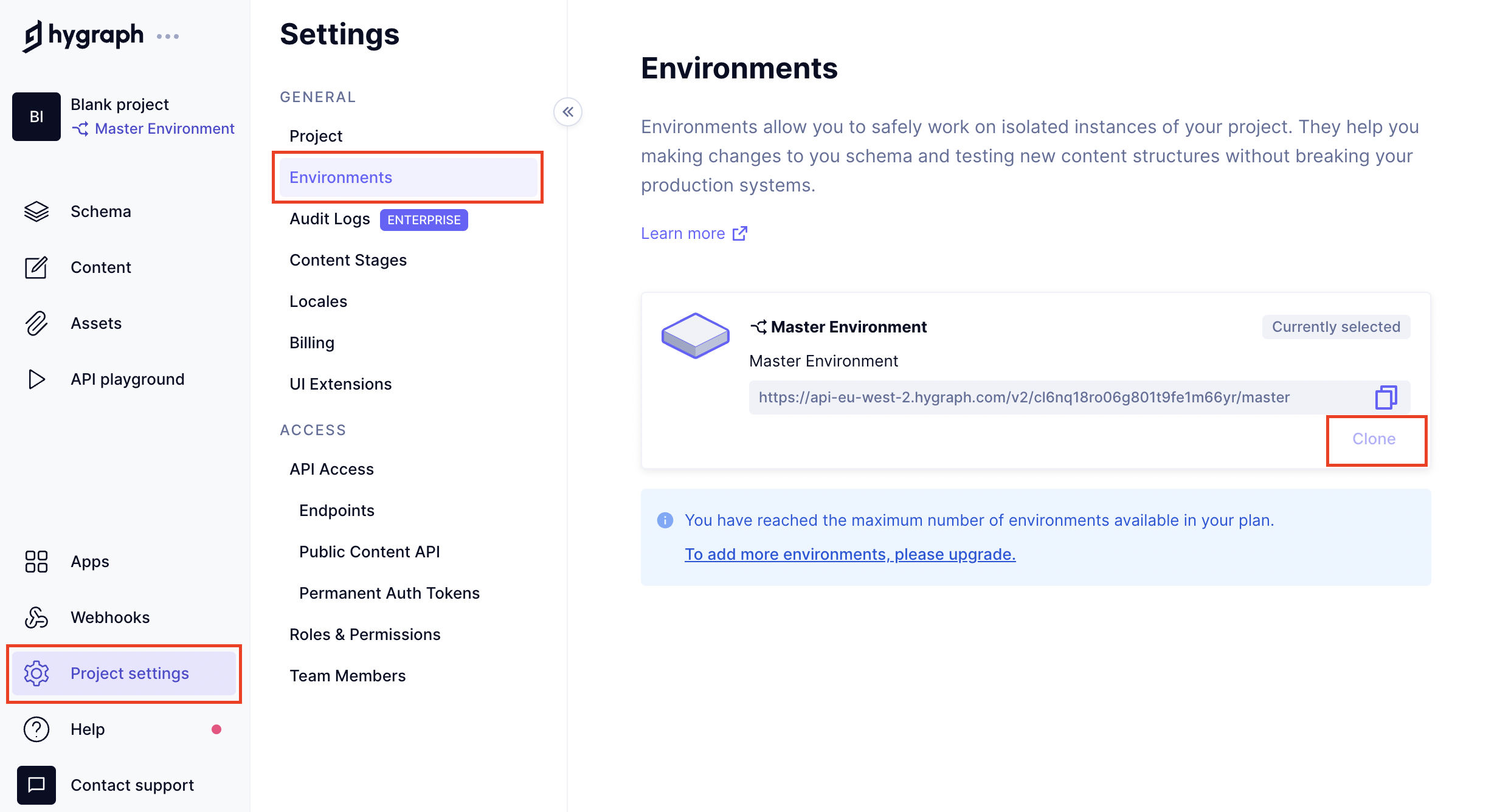 Clone master environment button in Environments screen