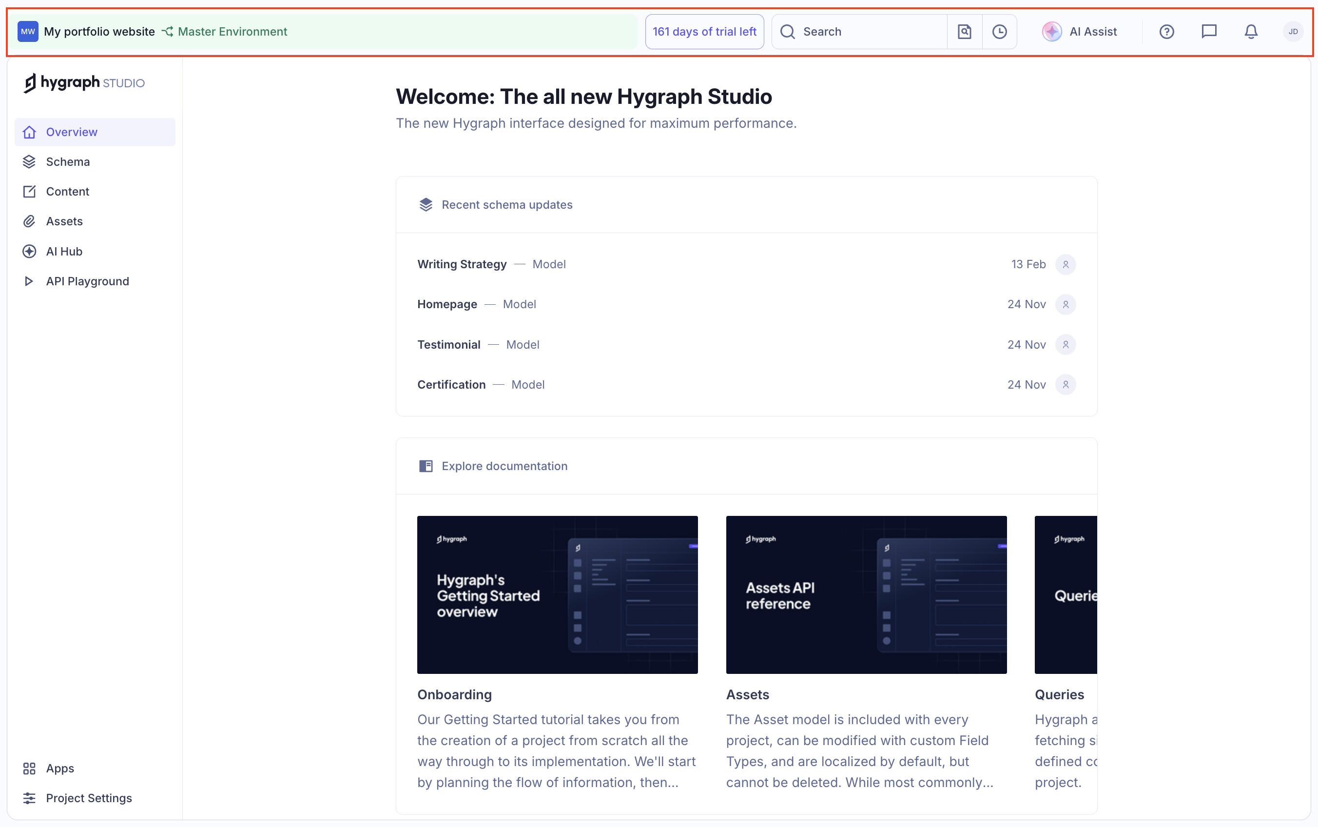 Hygraph Studio top bar