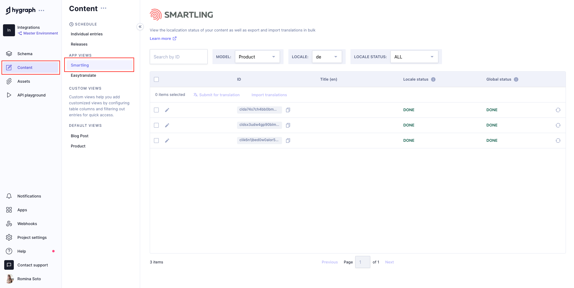 Smartling secton in App view
