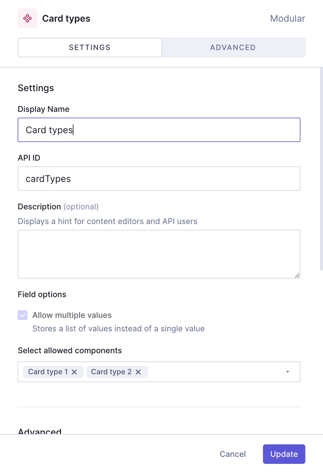 Card grid component - Card type selector