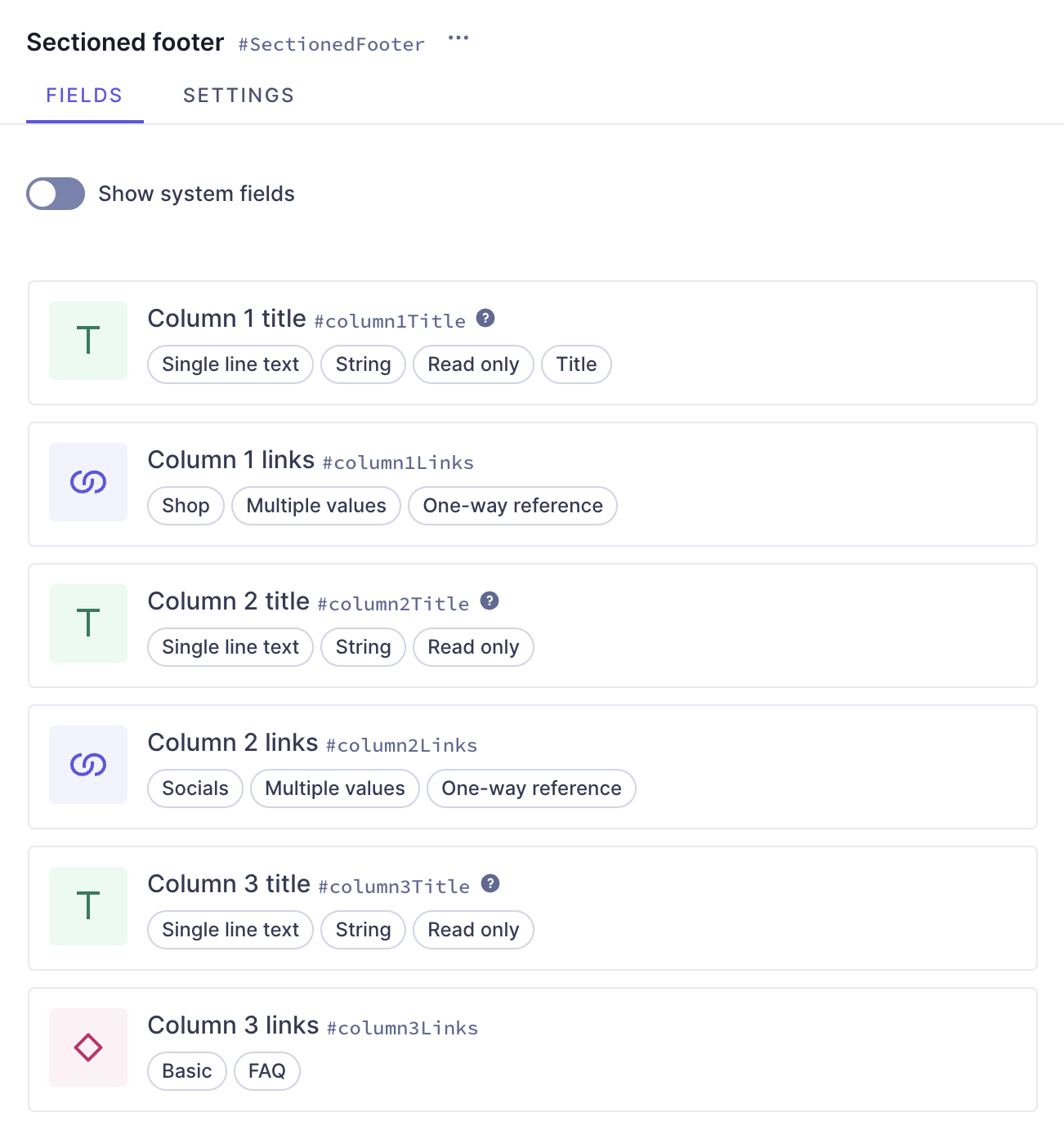 Footer component with fields