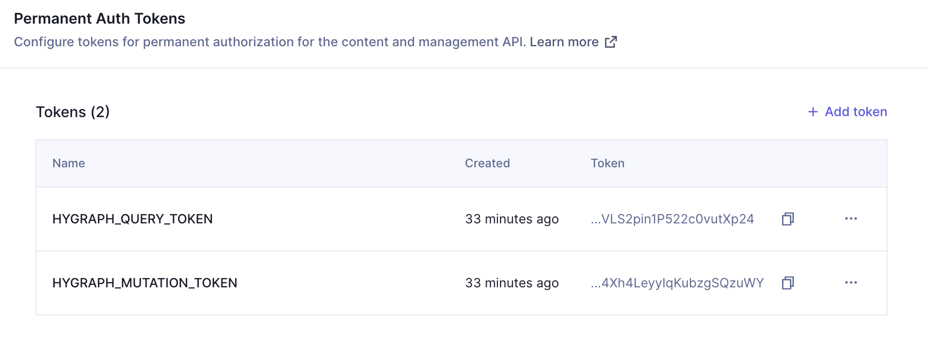 Permanent Auth Tokens list