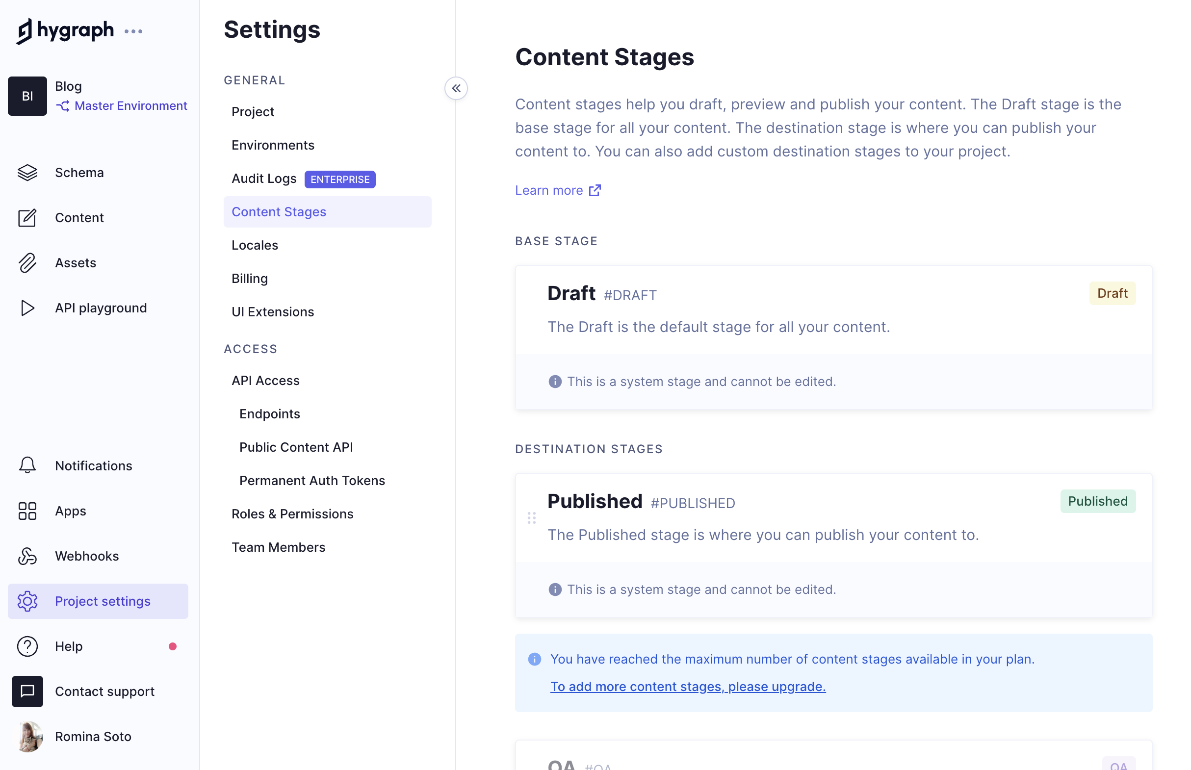 Content Stages Project Settings