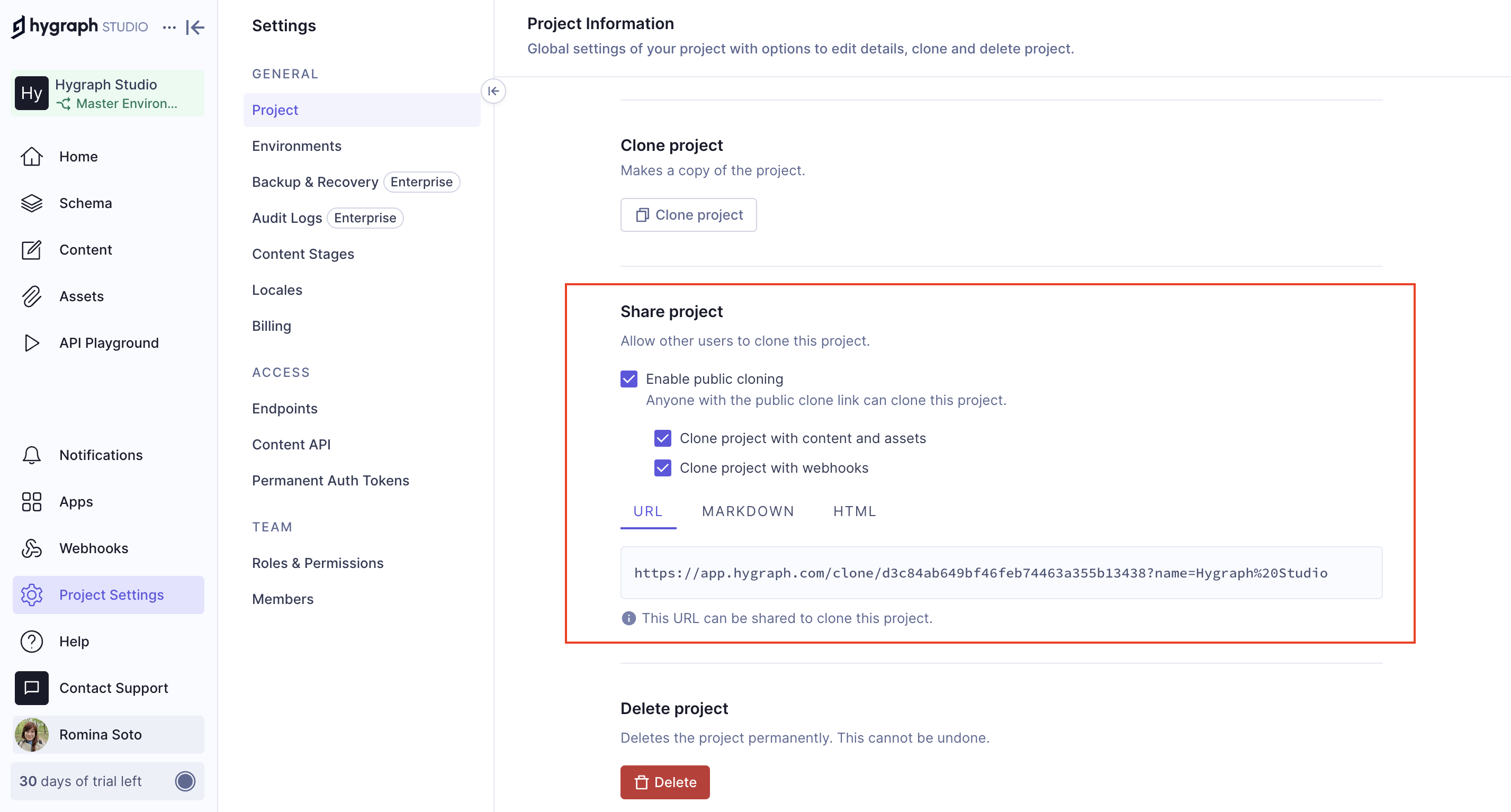 Project settings - Public cloning