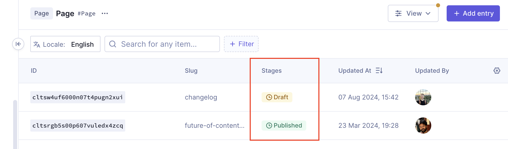 Scheduled entries in the content table